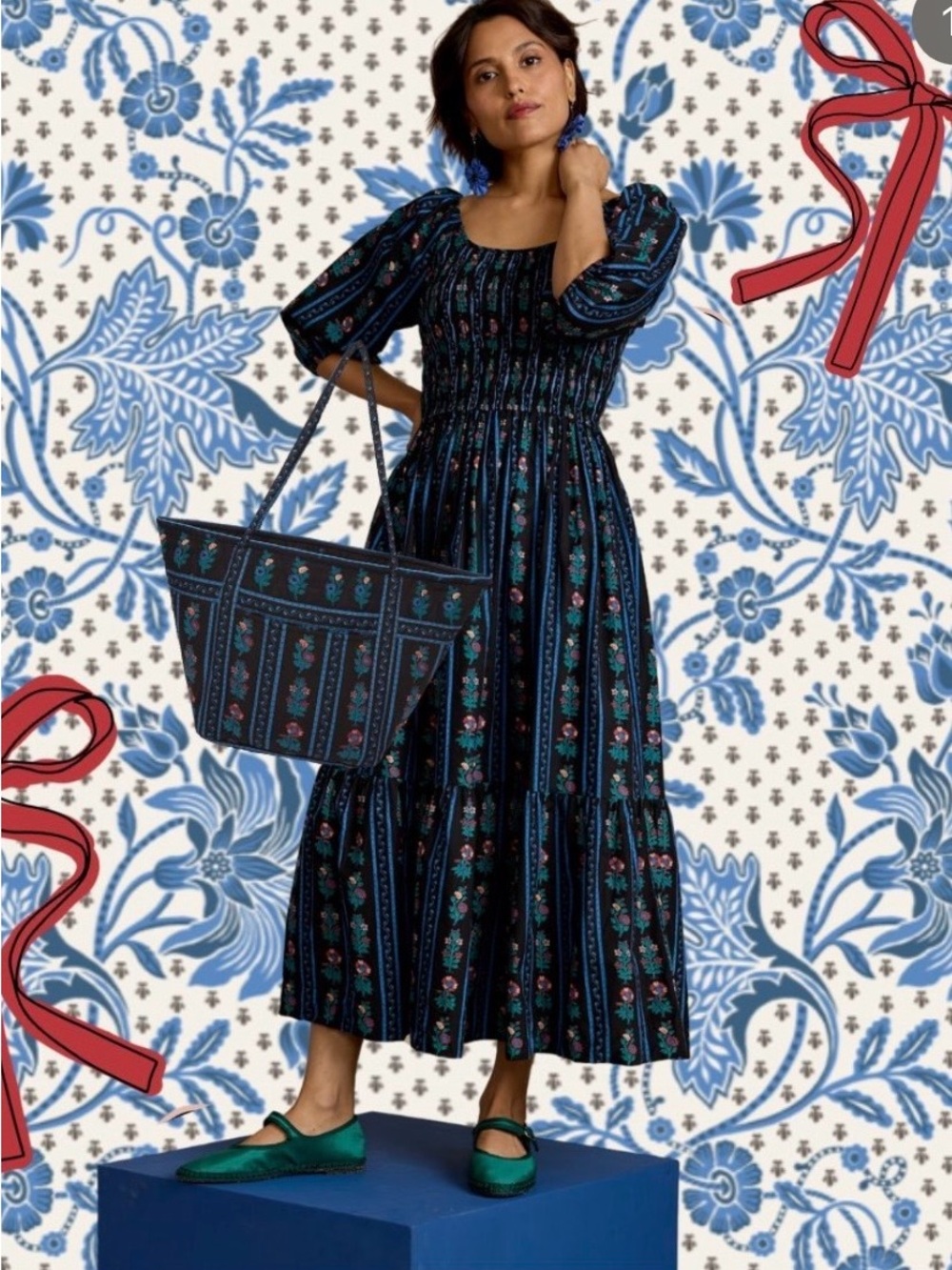 Smocked Maxi Dress in Black with Teal Floral Stripe